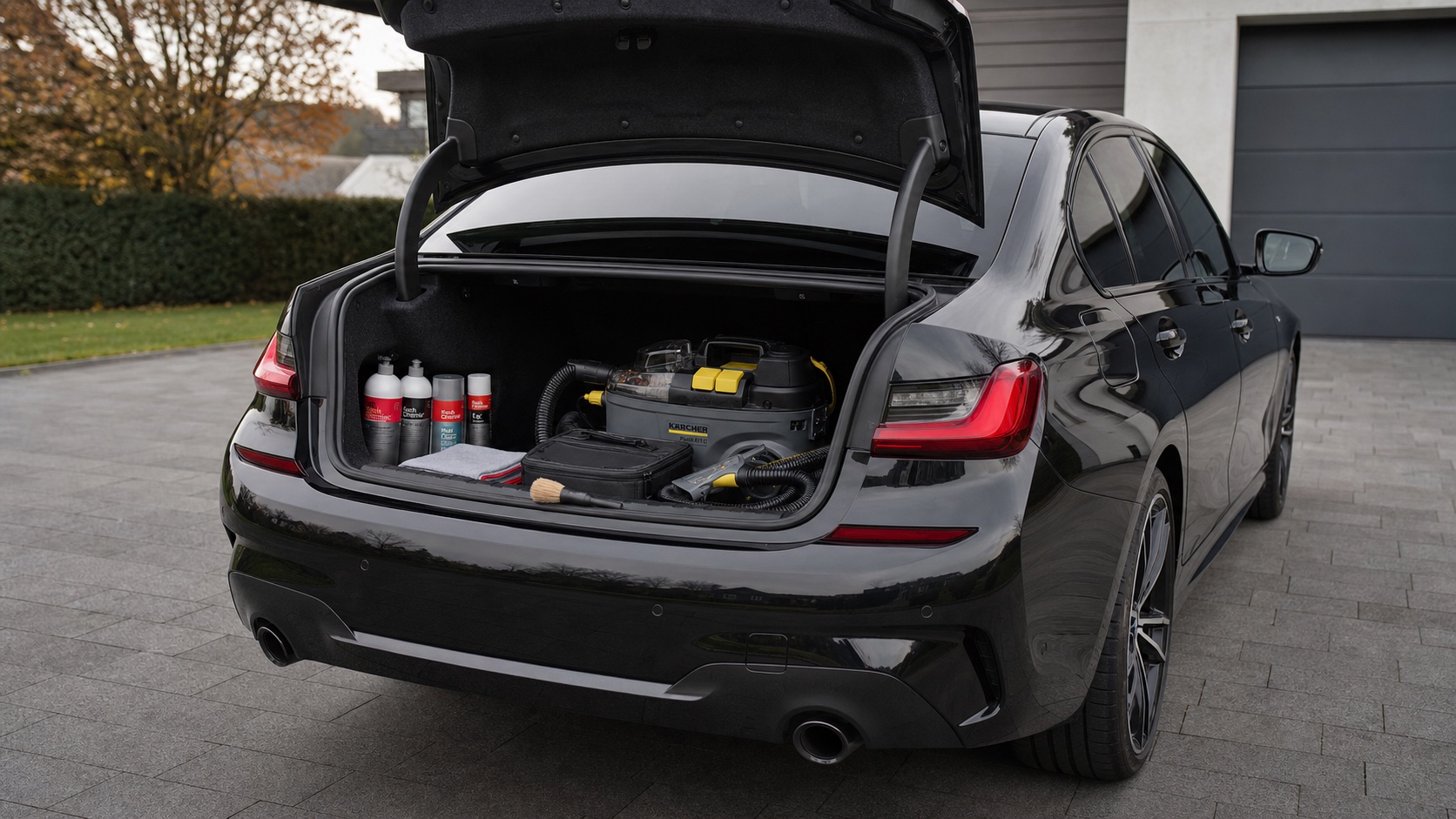Schwarzer BMW G20 mit geöffnetem Kofferraum, Koch-Chemie Produkten und Kärcher Puzzi 8/1 C für die mobile Innenraumpflege