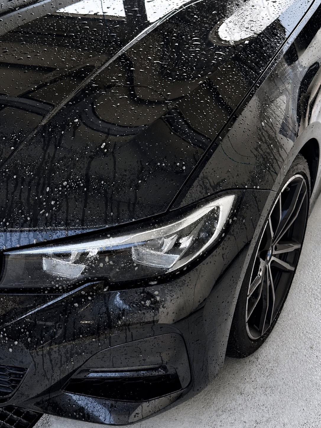 Insektenreiniger auf der nassen Front eines BMW G20 während der Vorreinigung